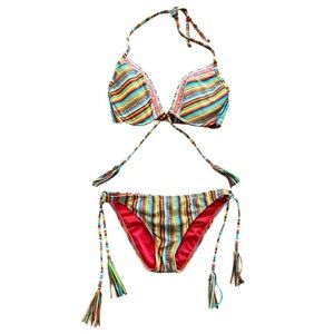 Lucky Brand Santiago Striped Beaded Bikini Swimsuit Size Medium D